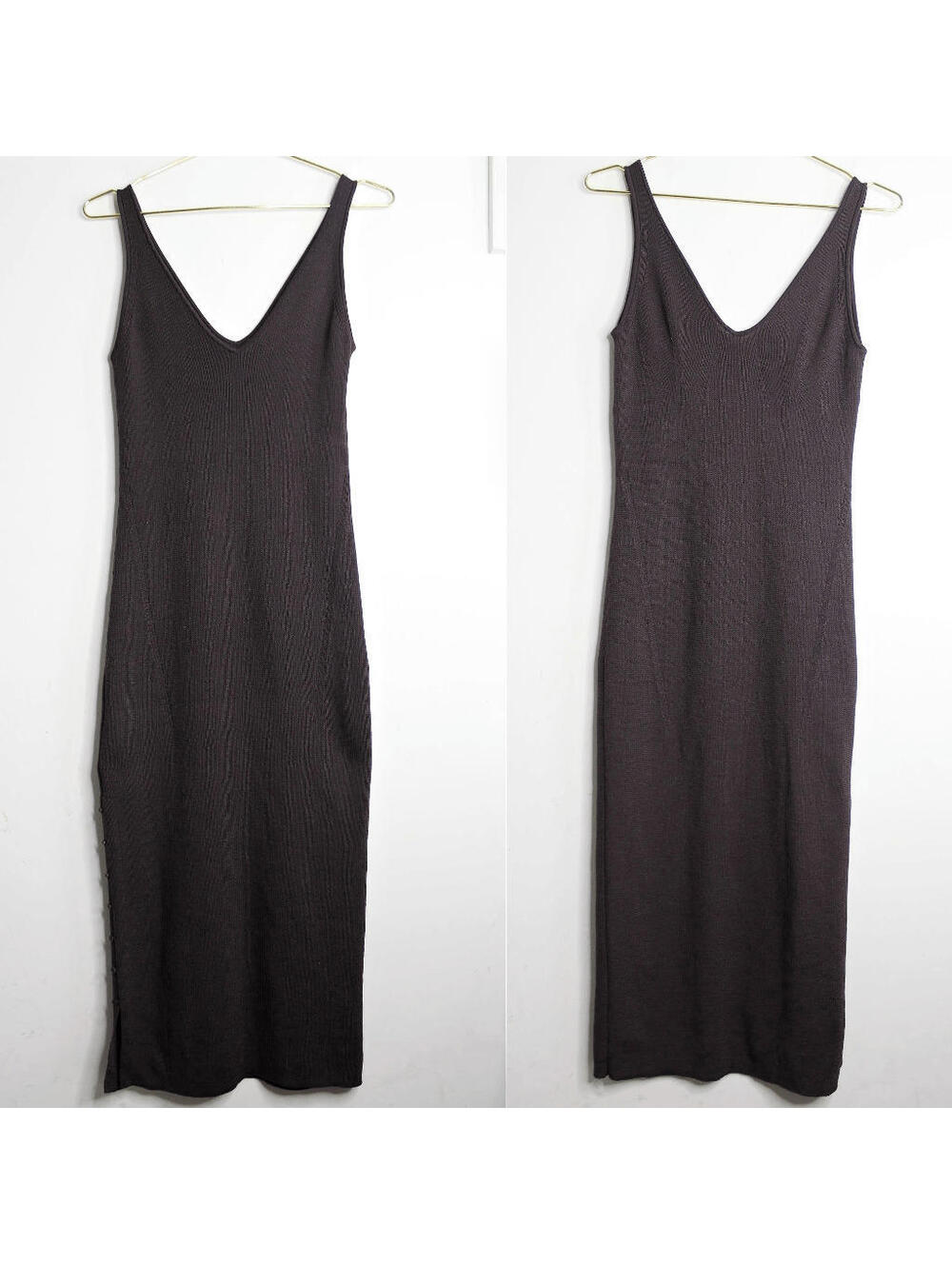 Chocolate Brown Fine Ribbed Knit Bodycon Maxi Dress with Button Slit - Medium